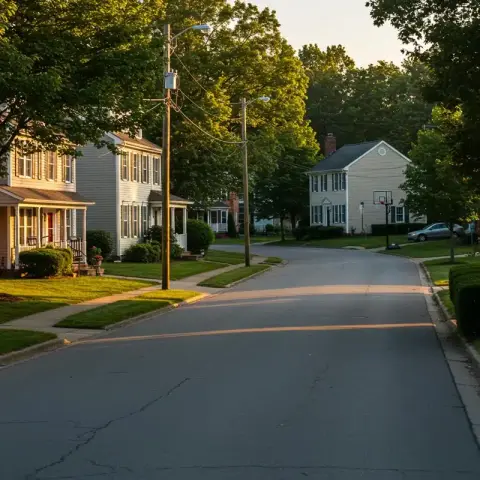Suburban street with houses and trees