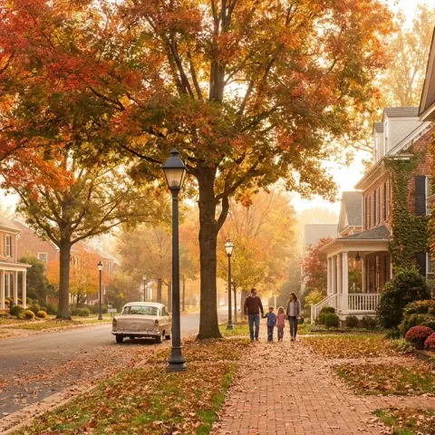 Charming suburban street with mature trees and brick homes in a Manassas Virginia neighborhood