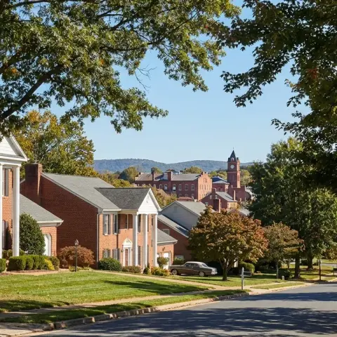 Suburban street in Manassas Virginia with brick homes, mature trees, and green lawns