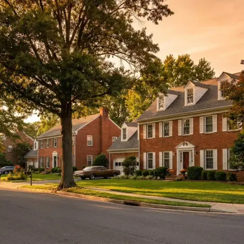 Suburban neighborhood street in Manassas Virginia Prince William County with brick colonial homes and mature trees
