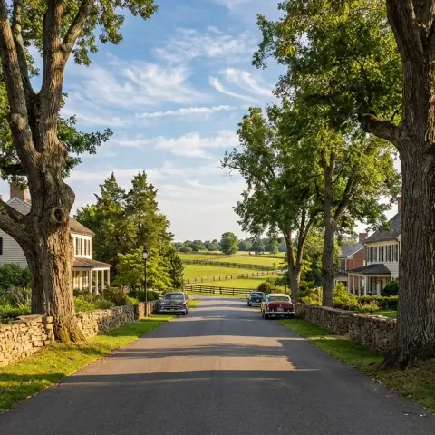 Quiet residential street in Marshall Virginia with historic colonial homes and rolling Fauquier County hills in the background