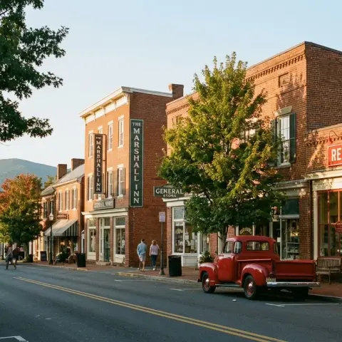 Historic Main Street in Marshall Virginia with brick storefronts and Blue Ridge foothills in the background