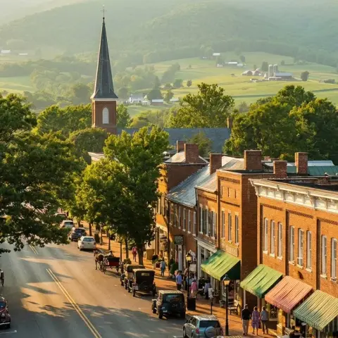 Charming main street in Marshall Virginia with historic brick buildings and rolling Fauquier County hills