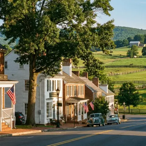 Tree-lined Main Street in Marshall Virginia with historic clapboard buildings and rolling Piedmont hills in the background