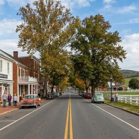 Charming main street in Marshall Virginia with brick storefronts, mature trees, and rolling Piedmont hills