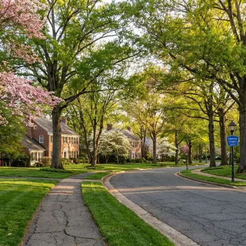 Tree-lined residential street in McLean, Virginia with brick colonial homes and mature dogwood trees