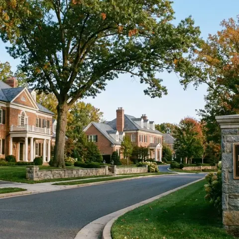 Upscale suburban street in McLean Virginia with large brick colonial homes and mature trees in Fairfax County
