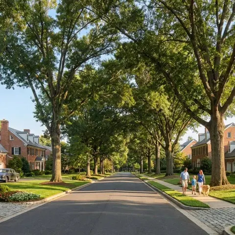Tree-lined suburban street in McLean, Virginia with colonial-style homes and manicured lawns