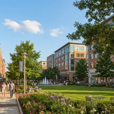 The Mosaic District area in Merrifield, Virginia with tree-lined sidewalks, mixed-use buildings, and outdoor gathering spaces