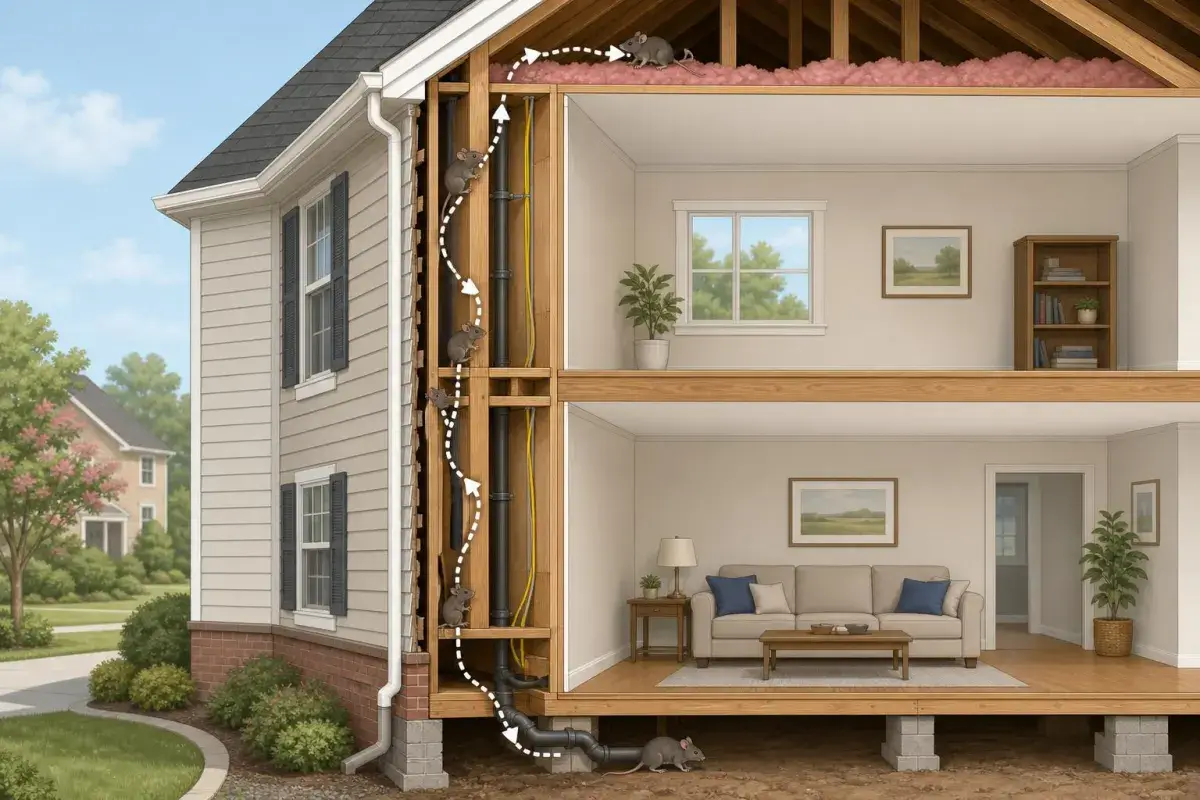 Cutaway illustration of a house wall showing mice traveling inside the wall void from the crawl space up to the attic while the living room stays empty