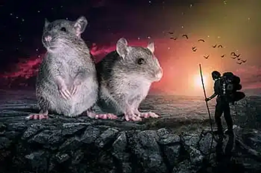 Two mice in a scenic landscape