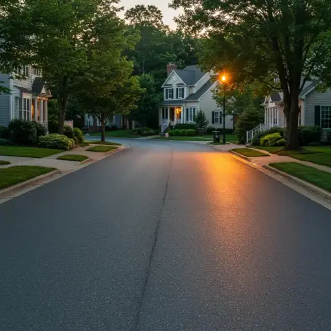 Quiet residential street at dusk in Montclair