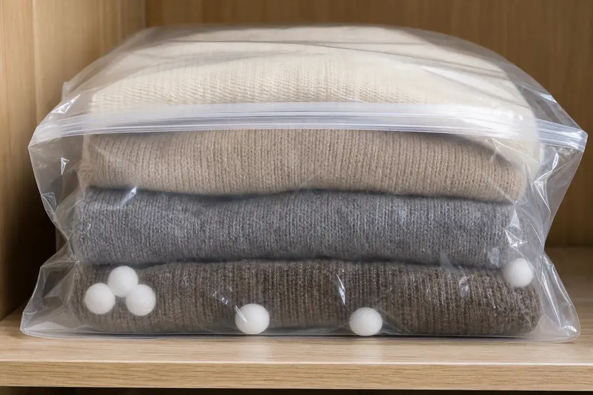 Folded wool sweaters stored in a closed garment bag with mothballs placed inside