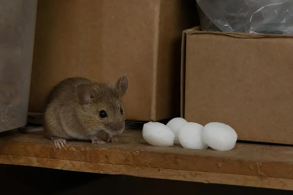 House mouse sitting on a garage shelf right beside a few white mothballs
