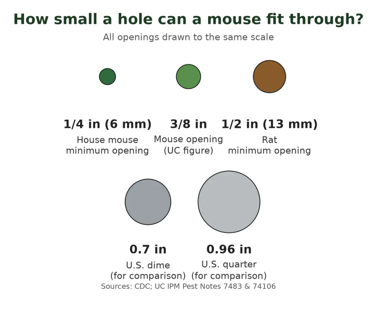 Chart comparing a 1/4-inch mouse opening, a 3/8-inch mouse opening, a 1/2-inch rat opening, a dime and a quarter drawn to scale