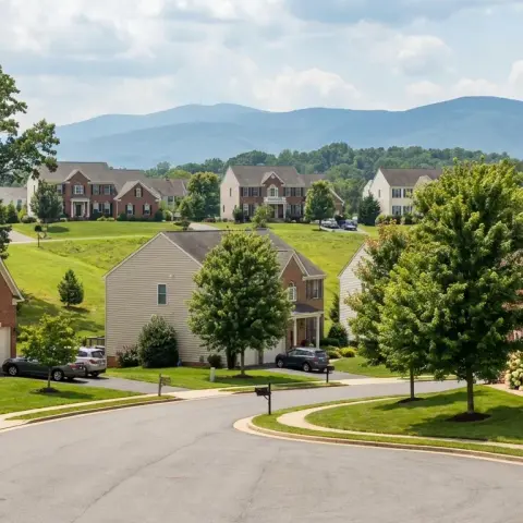 Suburban neighborhood in New Baltimore Virginia with colonial homes and rolling Fauquier County hills