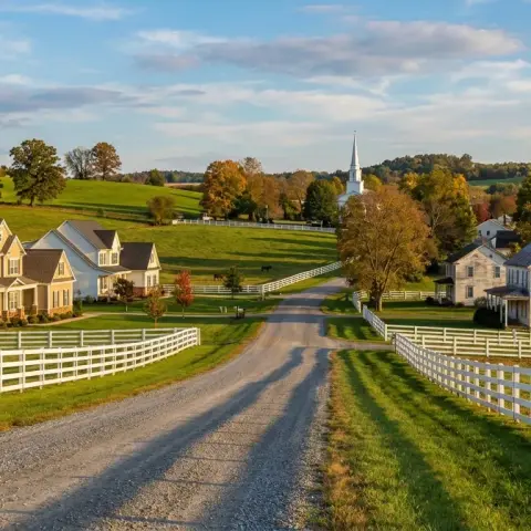 Country road through New Baltimore Virginia with homes, white horse fences, and rolling Piedmont hills in the background