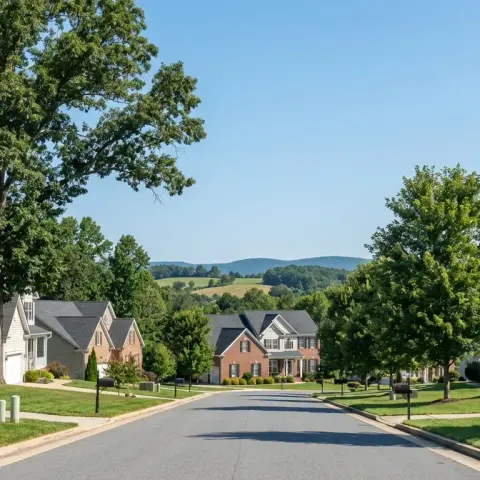 Suburban neighborhood in New Baltimore Virginia with single family homes, green lawns, and mature trees
