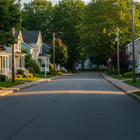 Quiet residential street lined with houses.