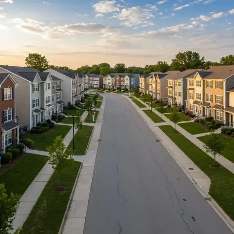 Calm residential street at sunset