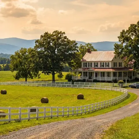 Rural Virginia countryside near Nokesville with rolling farmland, white fencing, and colonial-style homes