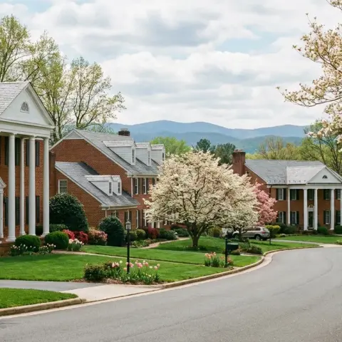 Brick colonial homes along a tree-lined suburban street in Northern Virginia with blooming dogwood trees