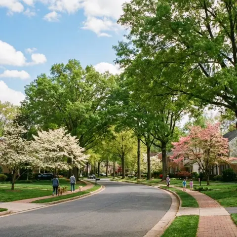 Tree-lined suburban street with brick colonial homes in a Northern Virginia neighborhood