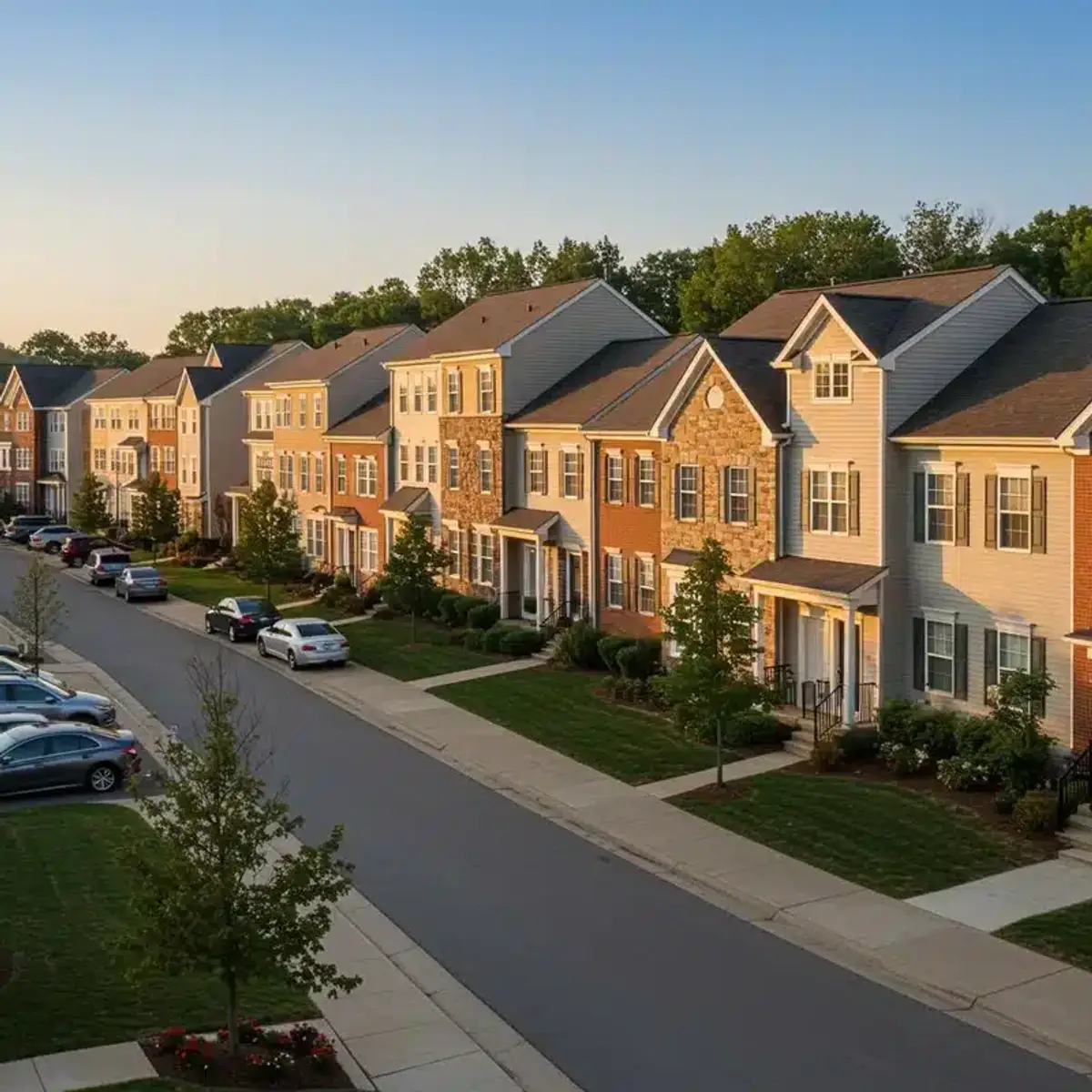 Row of Northern Virginia townhomes in evening light