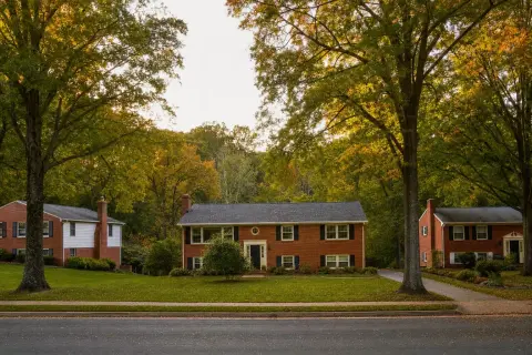 Brick colonial and split-level homes on a Northern Virginia street in early autumn, backing onto a wooded stream valley