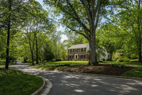 Winding residential road in Oakton, Virginia shaded by mature white oak trees with a brick colonial on a wooded lot