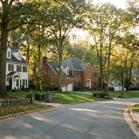 Tree-lined suburban street in Oakton Virginia with large colonial homes on wooded lots