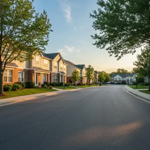 Quiet residential street with houses and trees