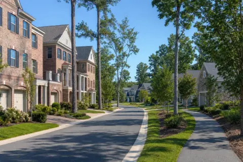 Residential street of brick-front townhomes and single-family homes in Odenton, Maryland with tall pines and mulched landscape beds