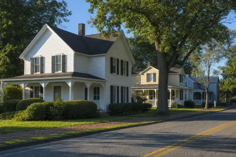 Street of early-1900s wood-frame homes with front porches under mature trees in Odenton, Maryland