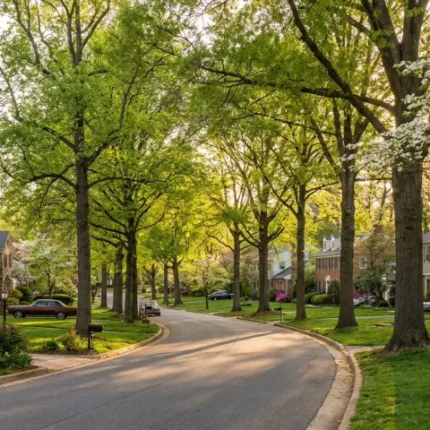 Tree-lined residential street in Olney, Maryland with colonial-style homes and mature landscaping
