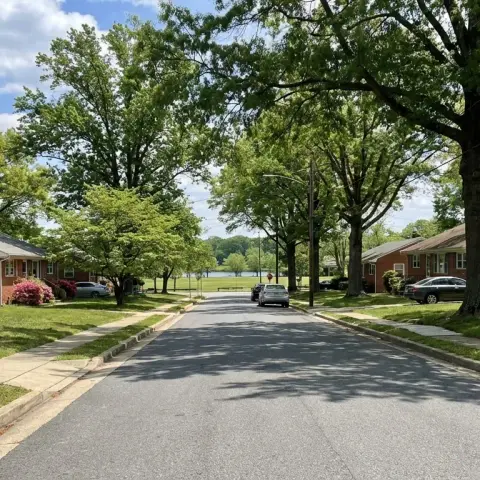 Tree-lined suburban street with brick homes in Oxon Hill, Maryland