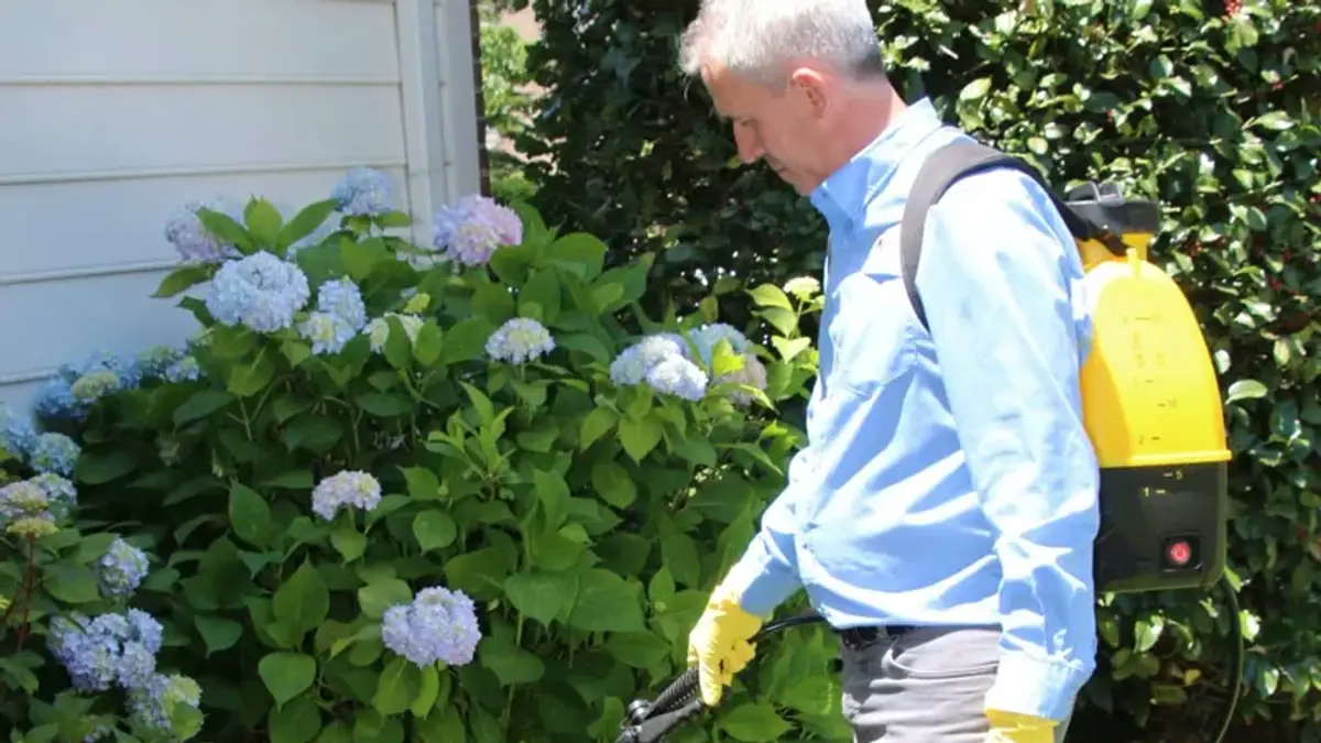Pest control technician applying perimeter treatment around home foundation with backpack sprayer