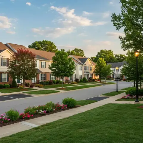 Row of brick and siding townhomes along a quiet tree-lined street in Poolesville, Maryland at dusk