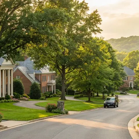 Tree-lined residential street in Potomac, Maryland with brick colonial homes and manicured lawns