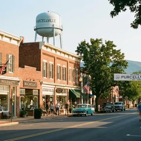Historic small town main street in Purcellville Virginia with brick storefronts and Blue Ridge Mountain foothills in the background