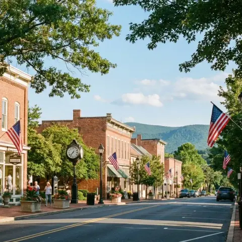 Tree-lined Main Street in downtown Purcellville, Virginia with historic brick storefronts and Blue Ridge foothills