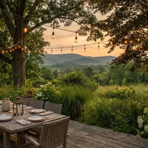 Lush green backyard with a wooden deck and string lights on a warm summer evening in Remington Virginia with Piedmont hills in the background