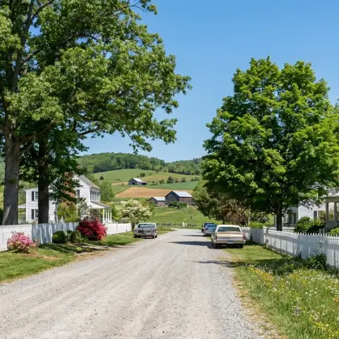 Rural-suburban neighborhood in Remington Virginia with colonial homes, white fences, and rolling Piedmont hills in the background