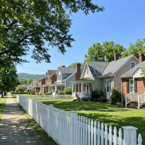 Quiet residential street in Remington Virginia with Victorian cottages, shade trees, and rolling Piedmont hills in the background