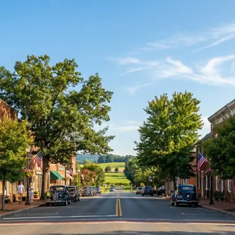 Charming small town street in Remington Virginia with historic brick buildings and mature trees