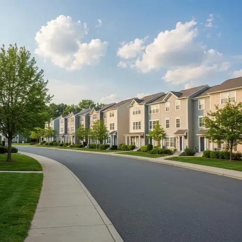 Residential street with houses and trees in Ellicott City