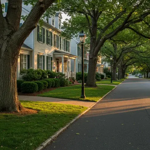 Tree-lined residential street in Ellicott City, Maryland with lamp posts and mature canopy typical of neighborhoods near Patapsco Valley