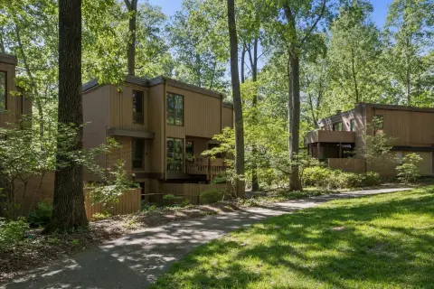 Mid-century townhouse cluster in Reston, Virginia with wood siding and decks under tall oak and tulip poplar trees