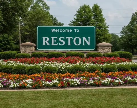 Welcome to reston sign with flowers around it