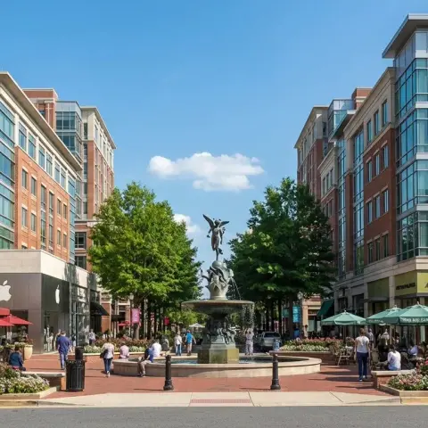 Reston Town Center plaza area in Virginia with tree-lined walkways and mixed-use buildings on a sunny day